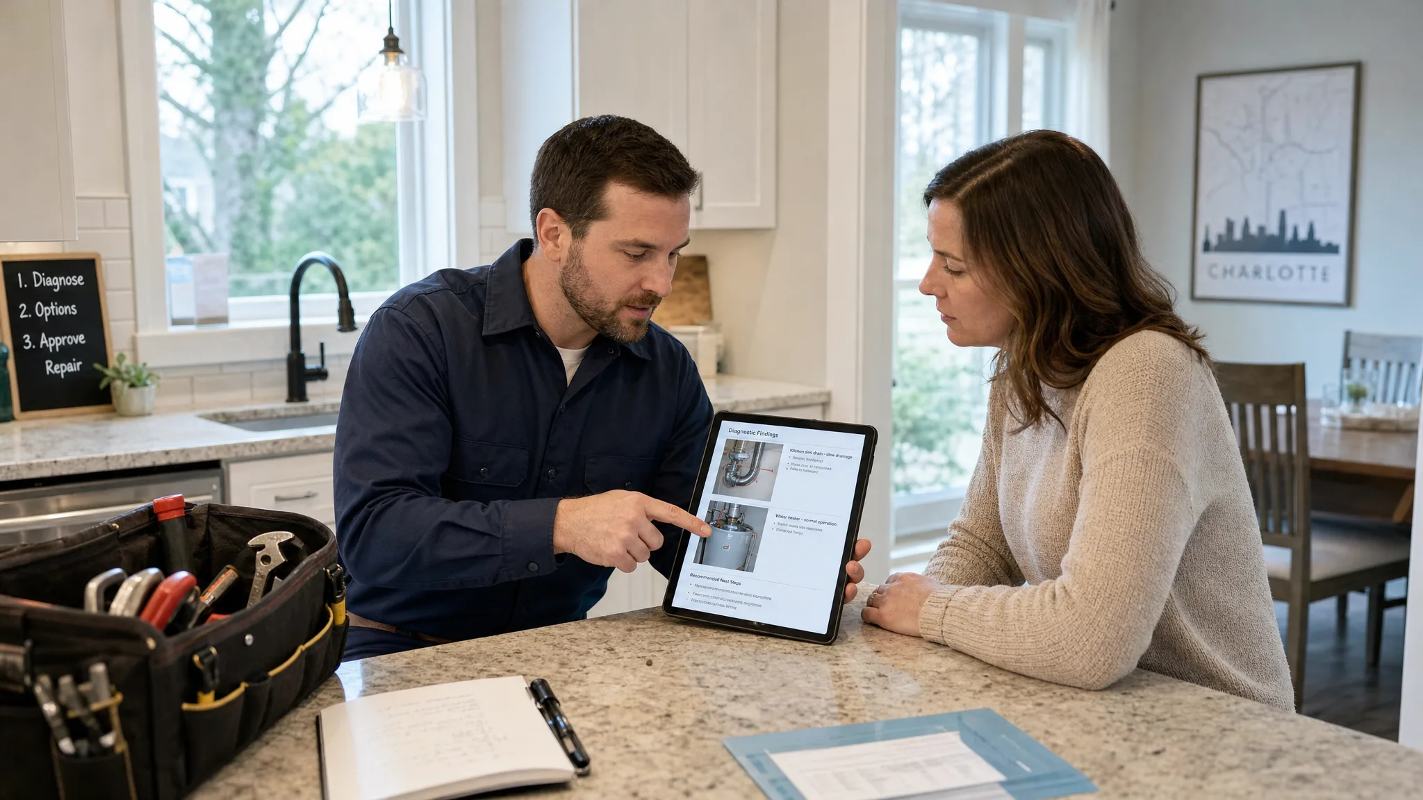 Charlotte homeowner reviewing a plumber's diagnostic findings and repair options at a kitchen counter