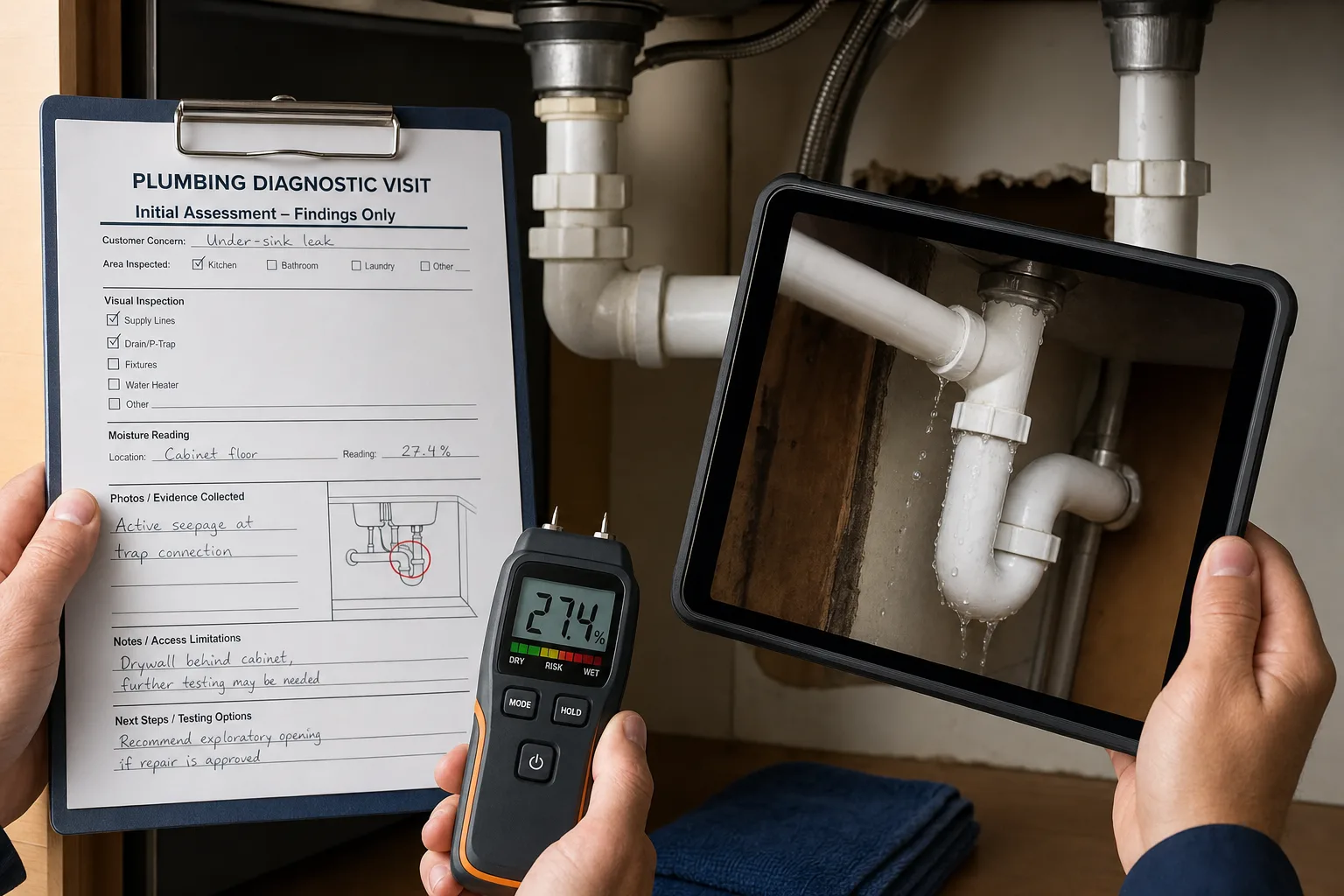 Close view of moisture readings and photographed pipe leak evidence during a plumbing inspection
