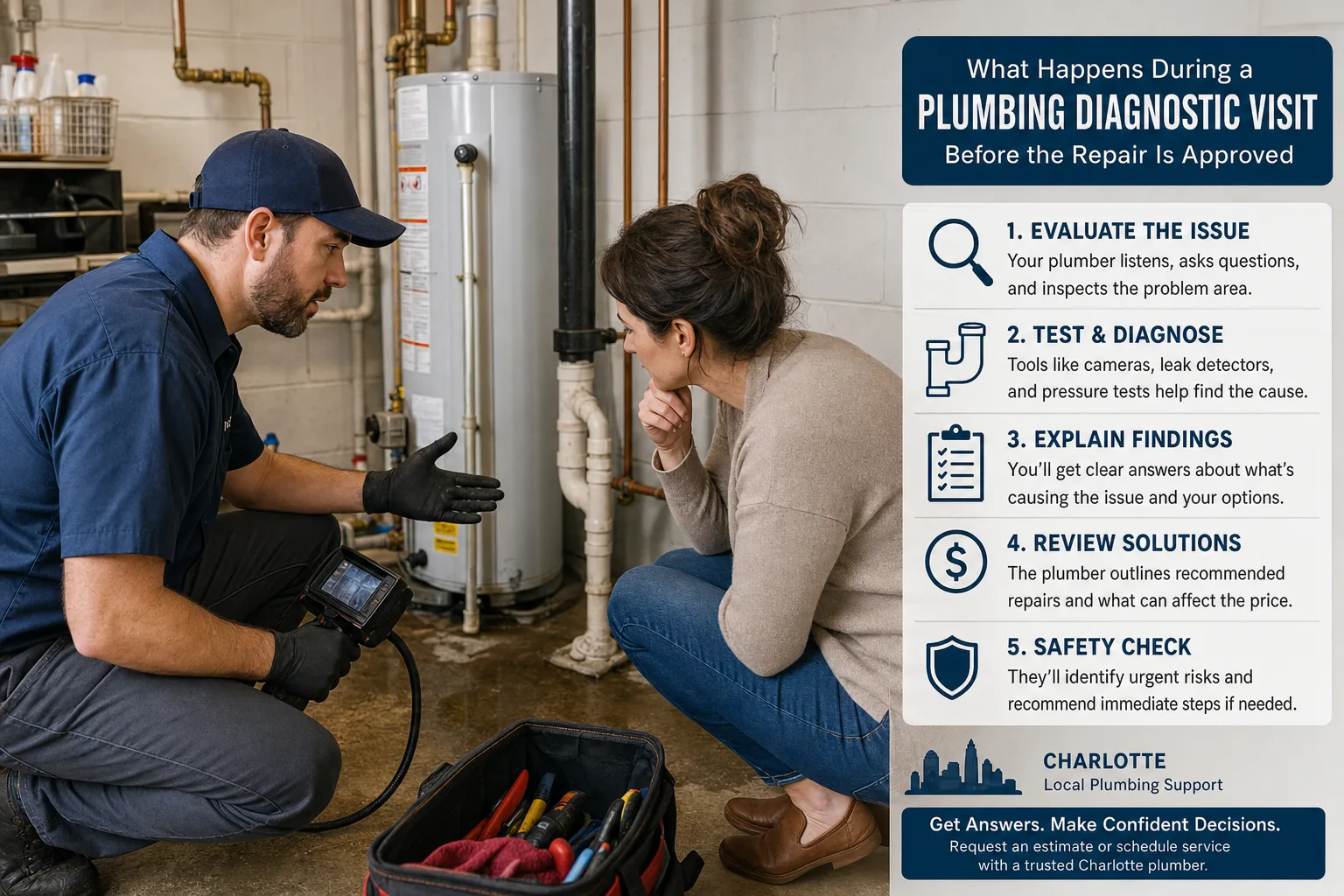 What Happens During a Plumbing Diagnostic Visit Before the Repair Is Approved checklist infographic for Charlotte