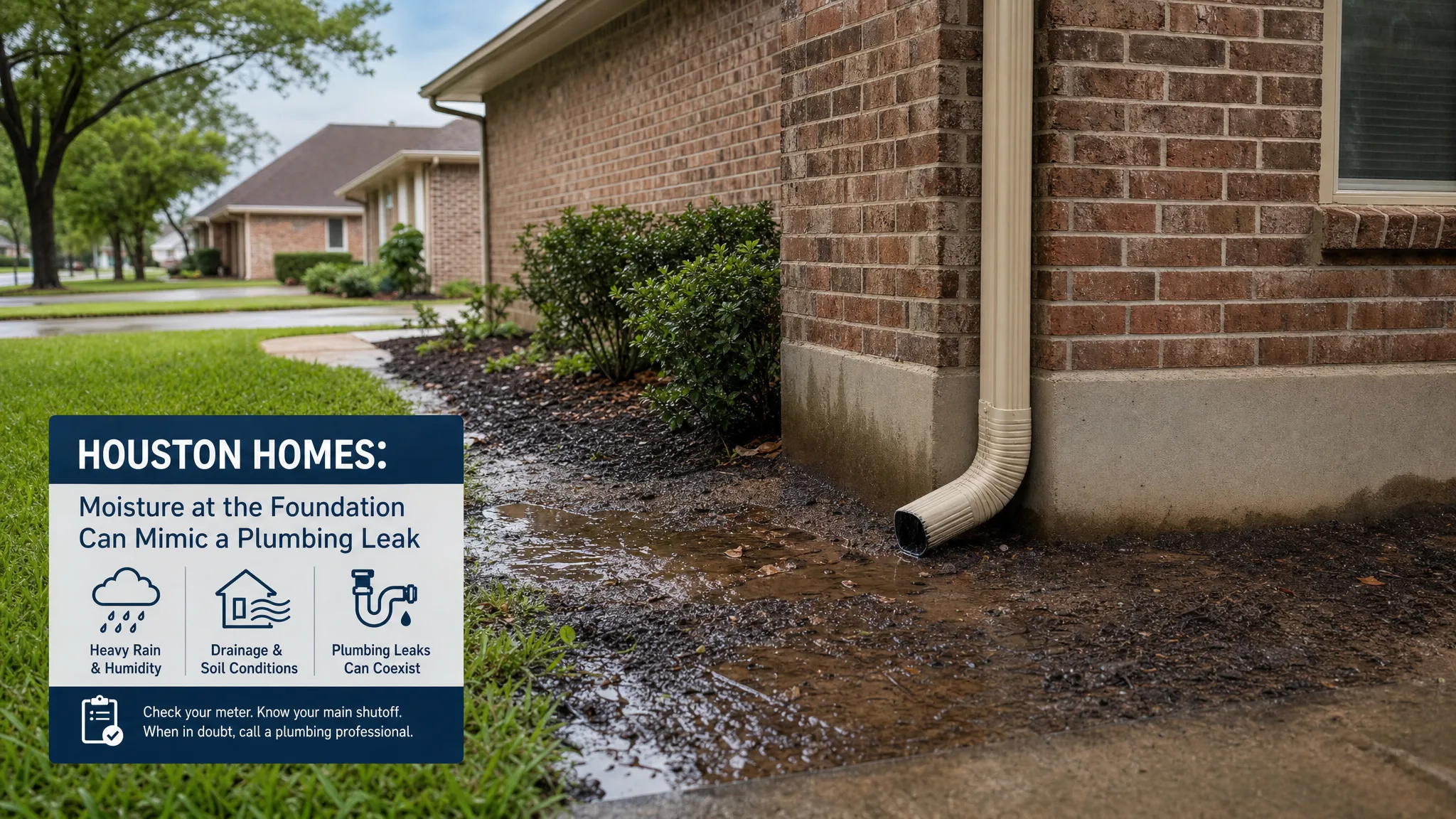Houston brick home after rainfall with damp soil near the concrete foundation