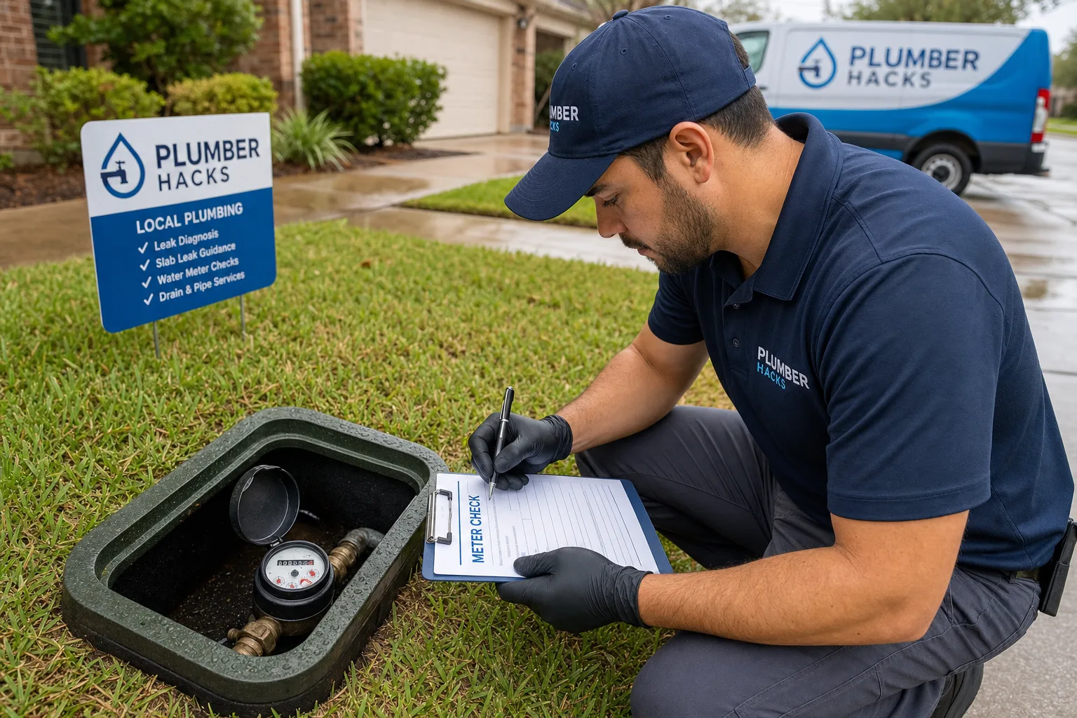 Plumber checking a residential water meter for possible hidden leak activity
