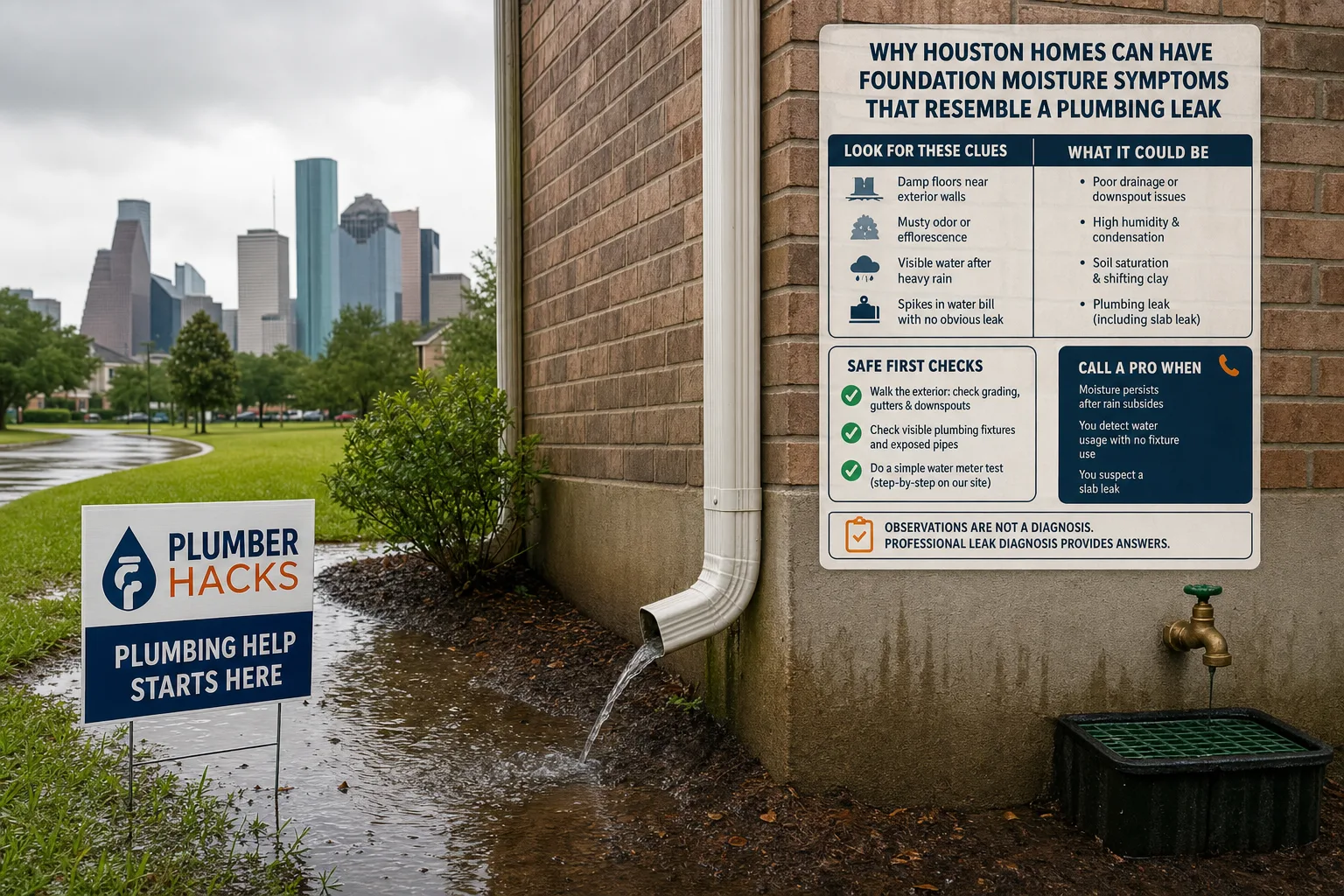 Why Houston Homes Can Have Foundation Moisture Symptoms That Resemble a Plumbing Leak checklist infographic for Houston
